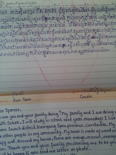 A letter from our sponsor kid in Cambodia